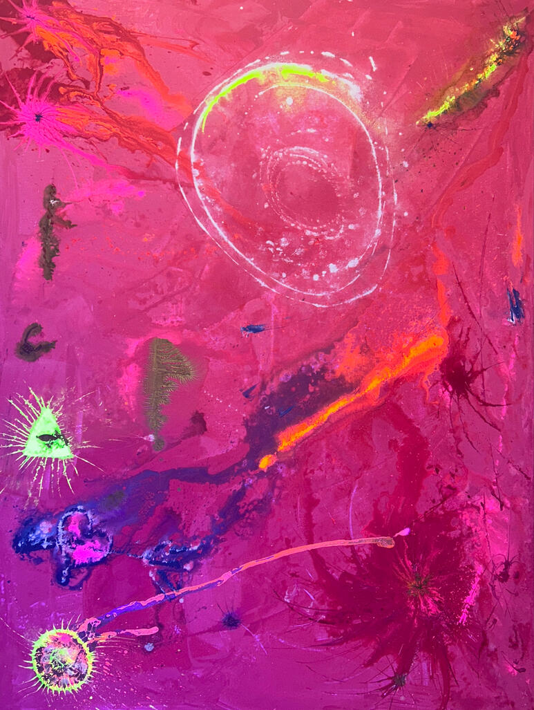 großformatige, farbintensive Acrylkunst mit expressiven Neon‑Akzenten und sphärischer Tiefenwirkung. Ein exklusives Unikat mit kraftvoller, pulsierender Energie.
