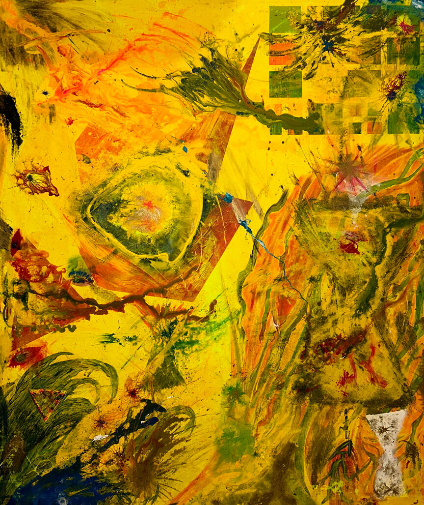 Abstrakte gelb‑grüne Farbflächen mit organischen Wirbeln und präzisen Kontrasten mit UV‑aktiven Pigmenten, die unter Schwarzlicht leuchten.