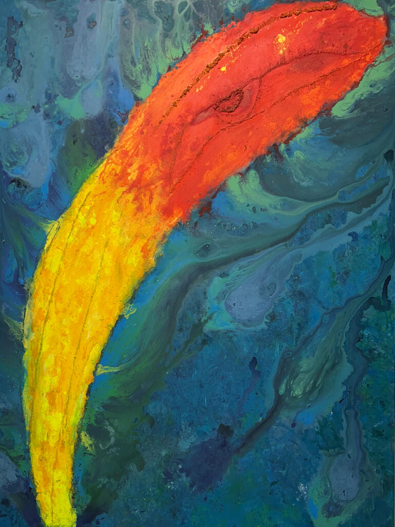 Blaues Farbfeld mit warmem, aufladendem Farbkamm in Rot und Gelb mit UV‑aktiven Pigmenten, die unter Schwarzlicht leuchten.