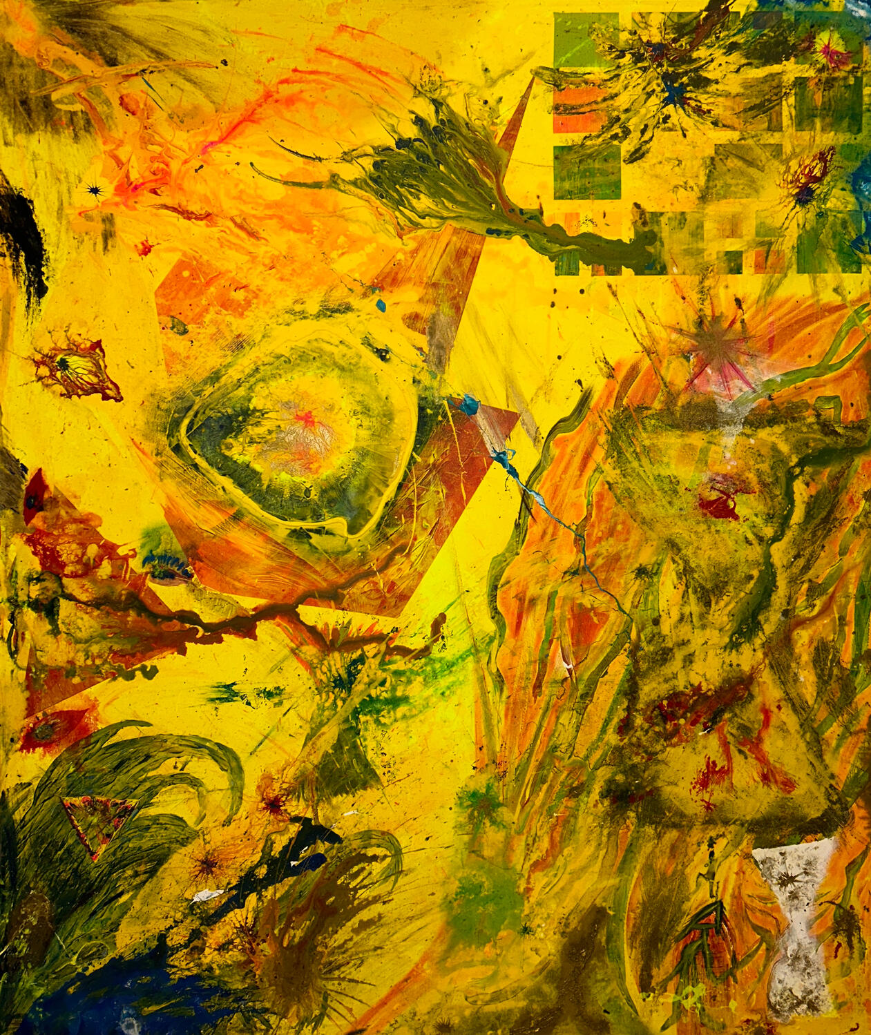 gelb-grüne Farbräume mit organischer Bewegung und Schichtung. Ruhig, präsent, raumprägend. – Radiance II als Tageslichtaufnahme.