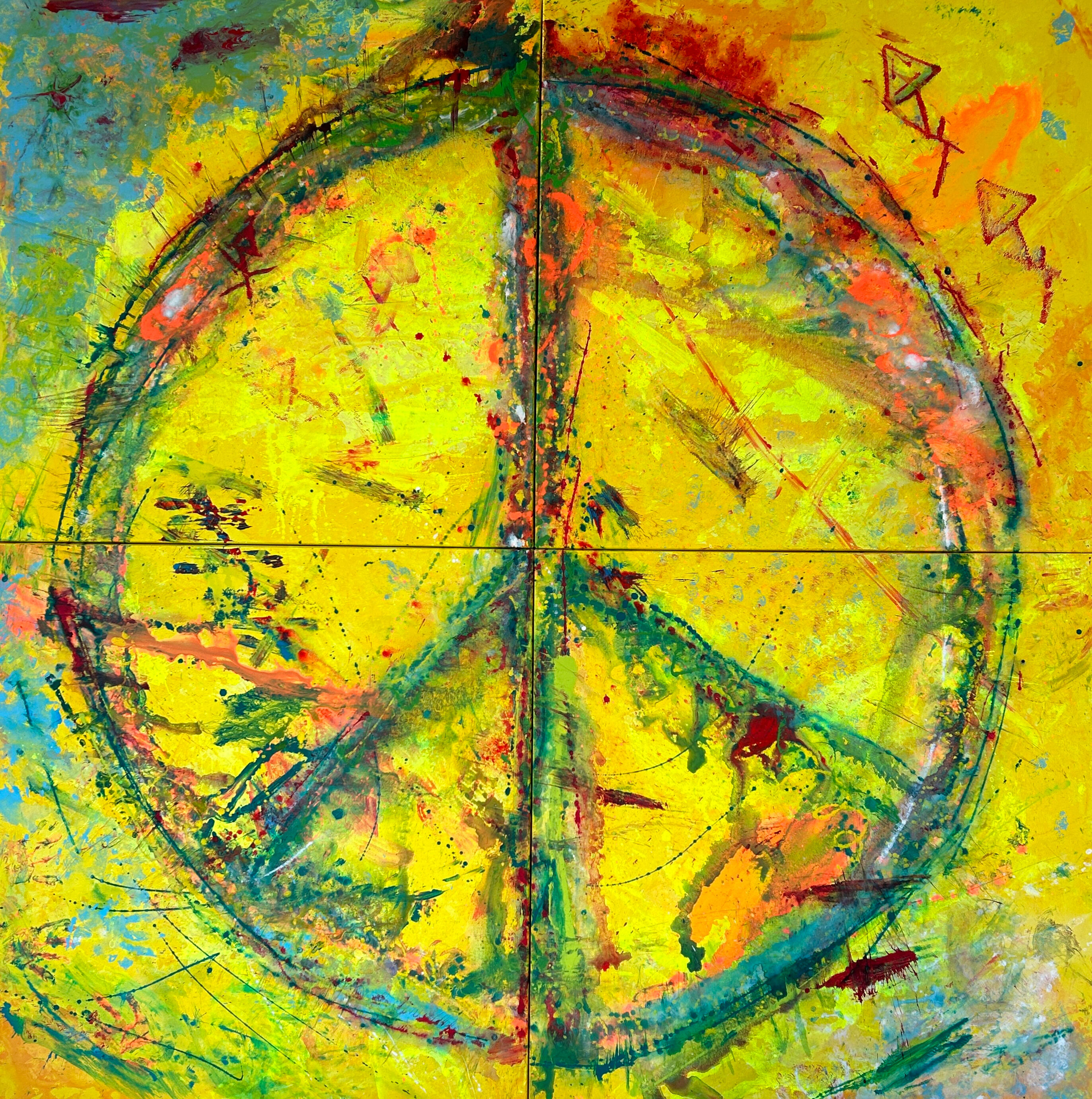 Radiance Origin zeigt eine großformatige gelb‑grüne Farbkomposition mit energetischen Kontrasten, UV‑aktiven Pigmenten und einem abstrakt herausgearbeiteten Peace‑Symbol