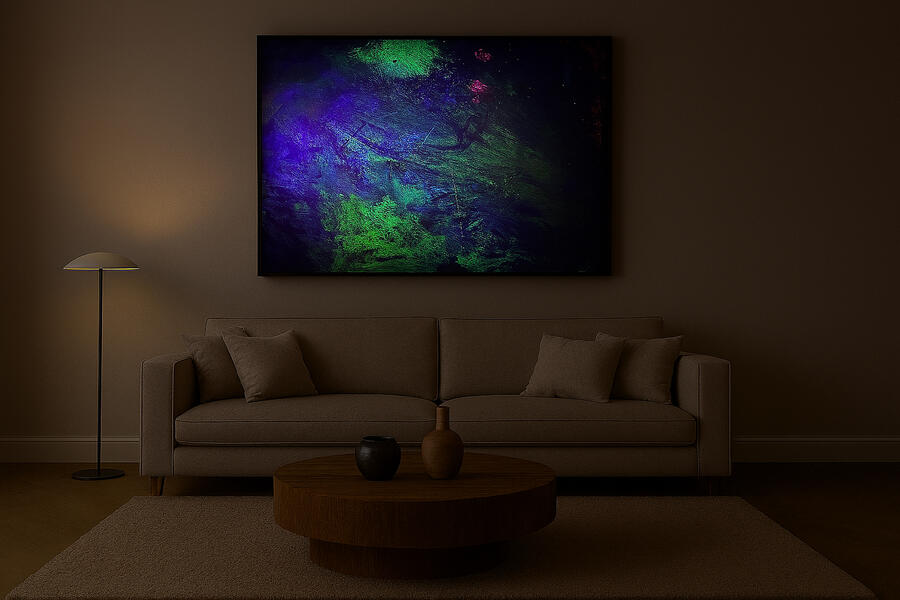 rawcolours – Radiance I UV‑Ansicht im Loft (Bright‑Mid) Radiance I unter UV‑Licht im Loft, Bright‑Mid, Raum sichtbar