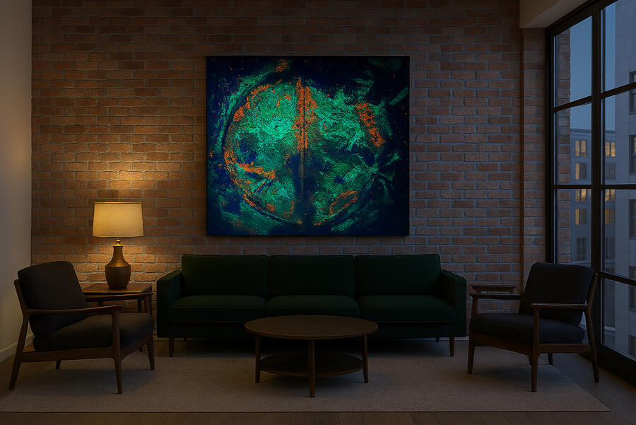 Dunkle Lounge mit Radiance Origin unter Schwarzlicht; UV-Farben leuchten tief und verdichtet.