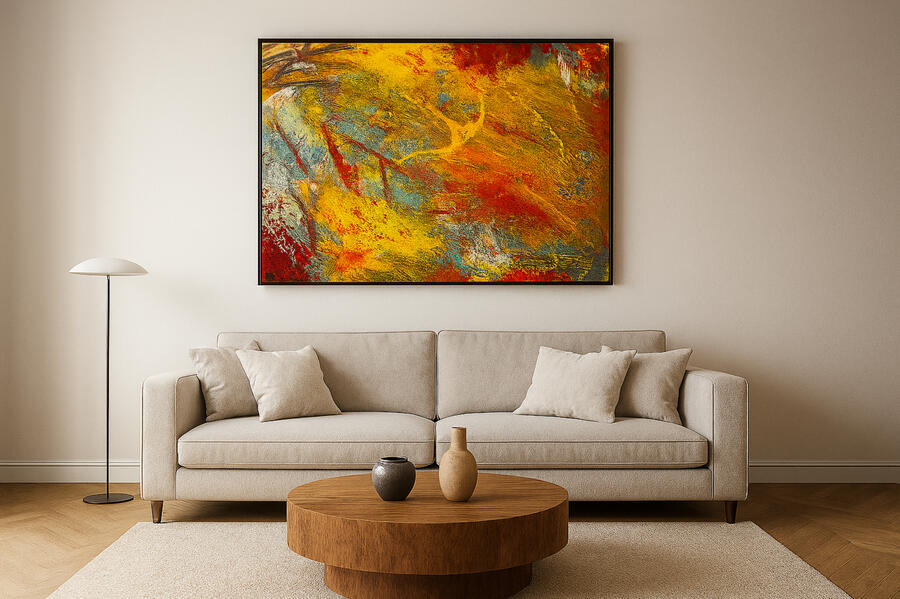 rawcolours – Radiance I Ansicht im Loft (Tageslicht) Radiance I im hellen Loft über Sofa, Tageslichtansicht