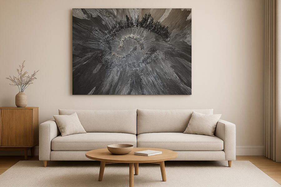 Radiance IV über Sofa im hellen Loft, ruhige Wohnraumszene