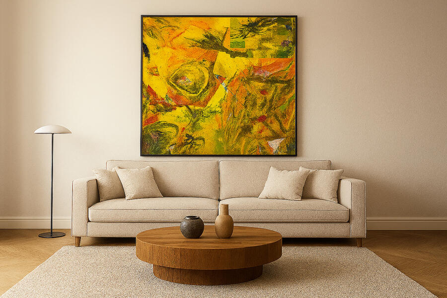 rawcolours – Radiance II Ansicht im Loft (Tageslicht) Radiance II im hellen Loft über Sofa, natürliche Tageslichtwirkung