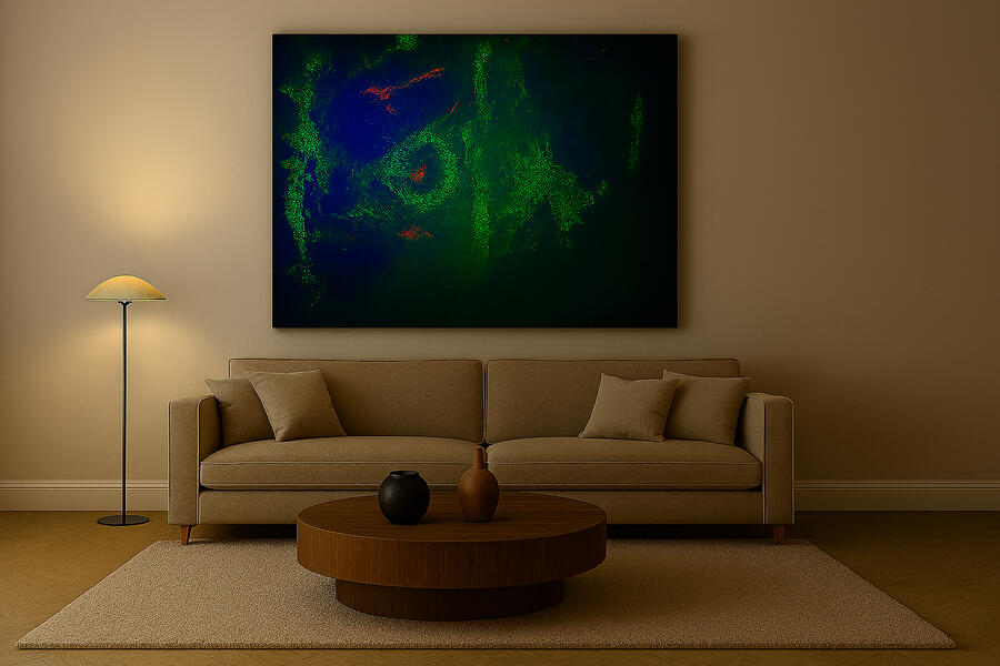 rawcolours – Radiance II UV‑Ansicht im Loft (Bright‑Mid) Radiance II unter UV‑Licht im Loft, Bright‑Mid, dezentes Raumlicht